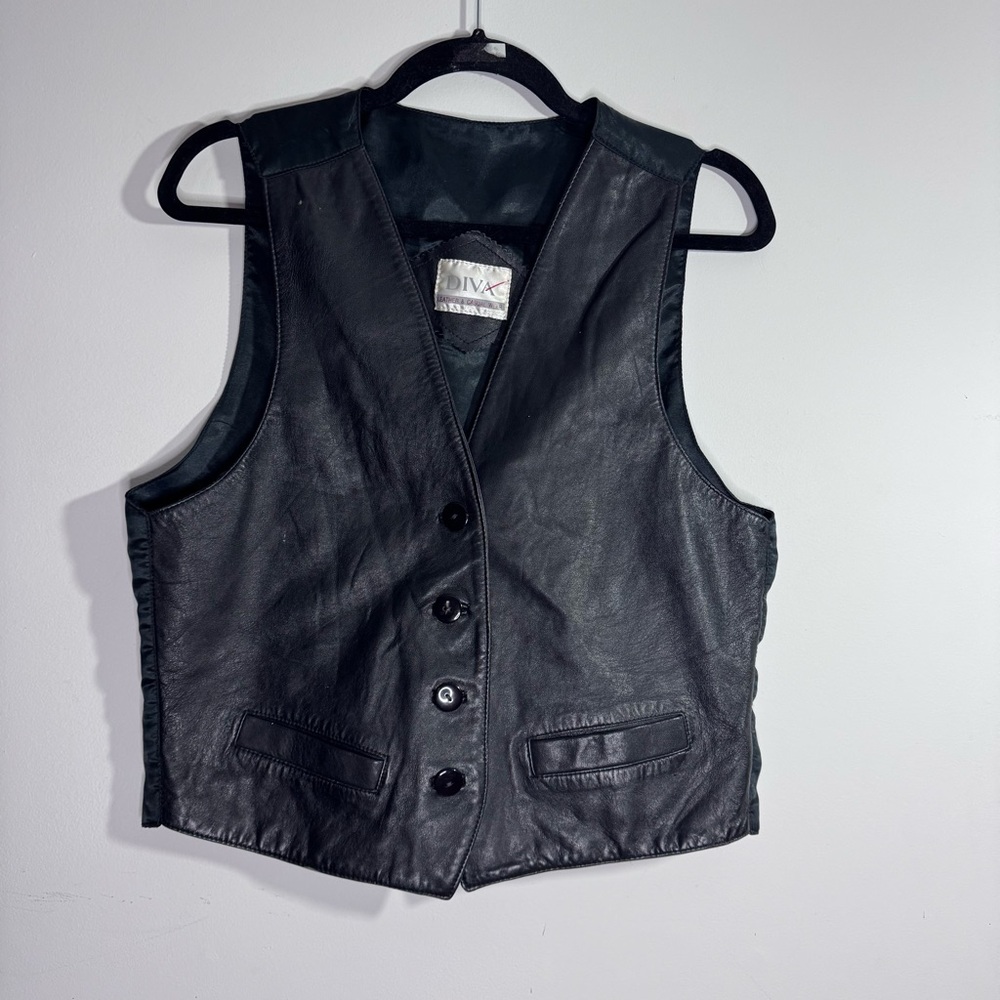 Vintage Black Leather Vest Cropped Button Front Biker Size M